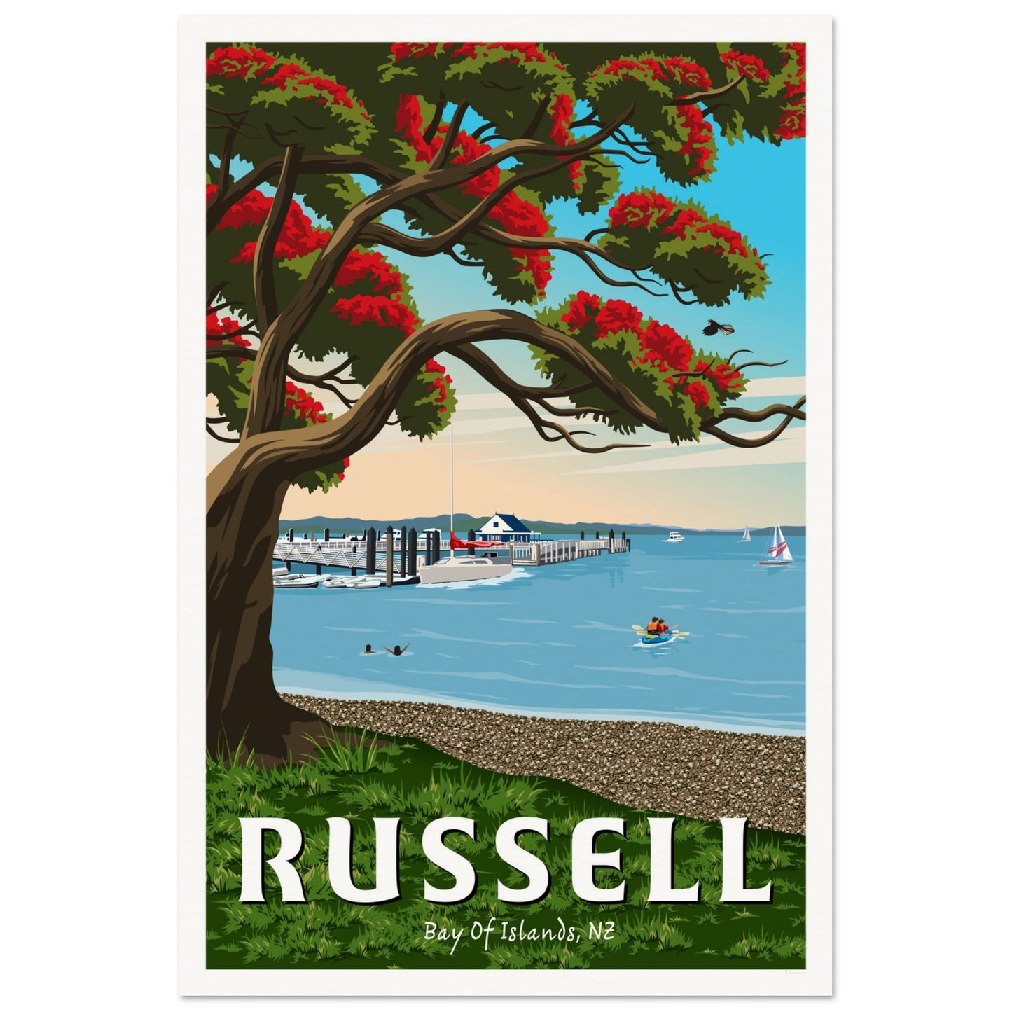 Russell Wharf - Bay of Islands - Travel Poster, New Zealand