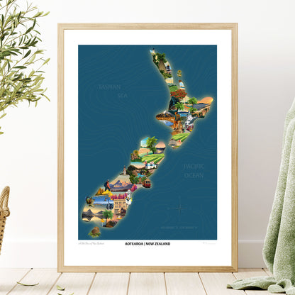 Aotearoa New Zealand Travel Poster Map - Blue