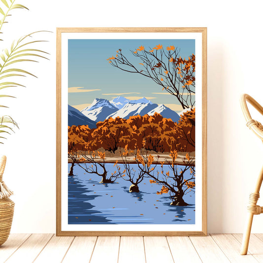 Glenorchy Willow Trees Autumn Travel Poster, New Zealand