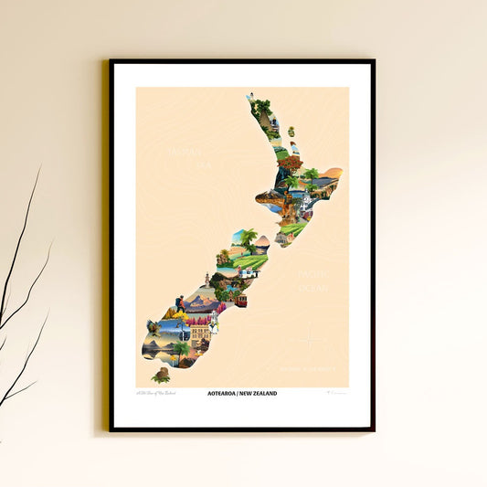 Aotearoa New Zealand Travel Poster Map - Beige