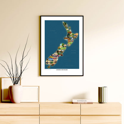 Aotearoa New Zealand Travel Poster Map - Blue