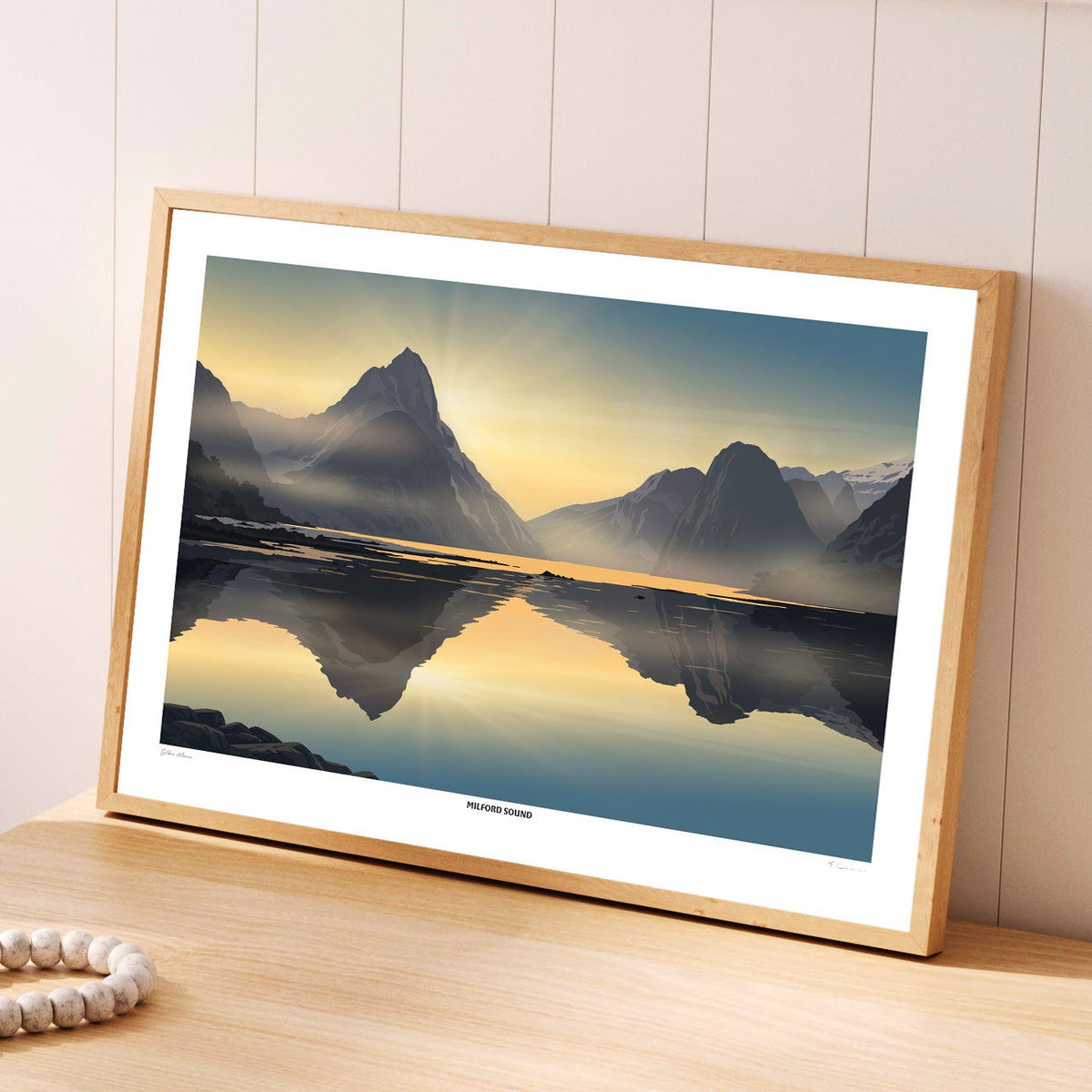 Milford Sound - Golden Stillness - Travel Poster, New Zealand