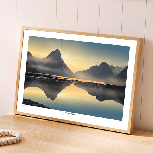 Milford Sound - Golden Stillness - Travel Poster, New Zealand