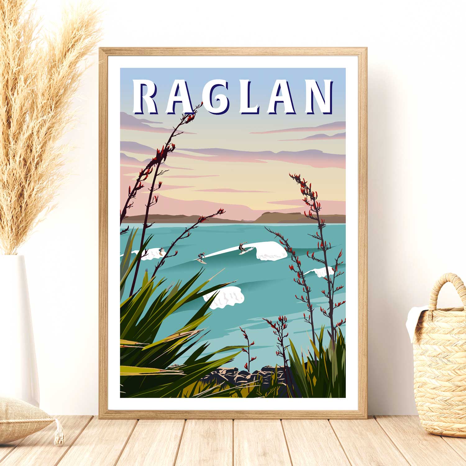 Raglan - Manu Bay - Travel Poster, New Zealand – Viva Travel Posters