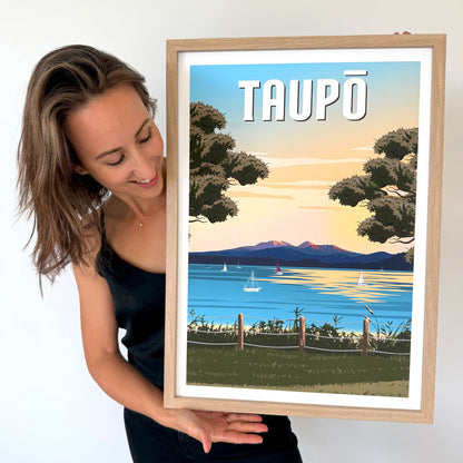 Taupō Sunset Peaks - Travel Poster, New Zealand