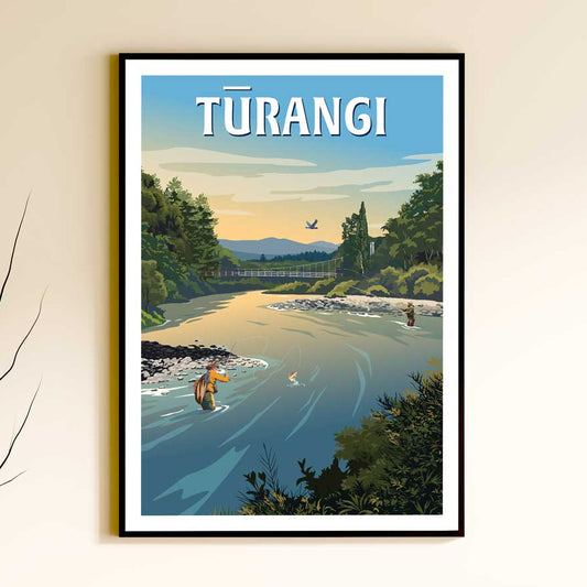 A framed travel-style poster of Türangi hanging on a beige wall above a light wood console table with decorative vases, books, and a metallic object.