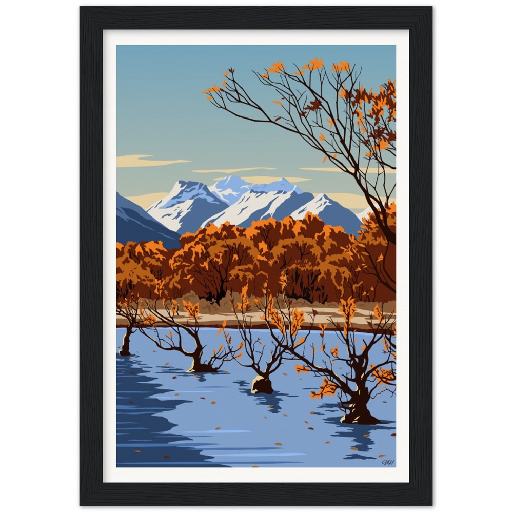 Glenorchy Willow Trees Autumn Travel Poster, New Zealand