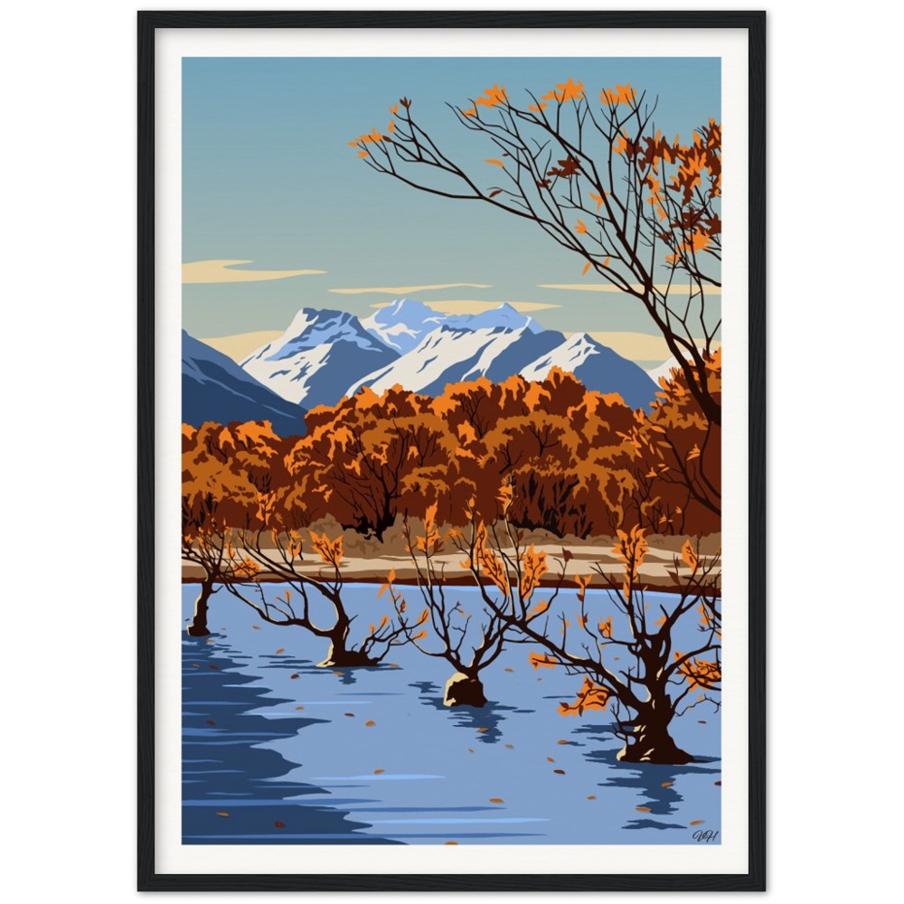 Glenorchy Willow Trees Autumn Travel Poster, New Zealand